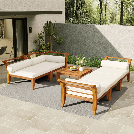 6 Piece Patio Sofa Set, Acacia Wood Outdoor Modular Sectional Garden Furniture Set L Shaped Conversation Set, Convertible Daybed With Tea Table, Ottoman, 5 Cushions And Pillows - Teak / Beige