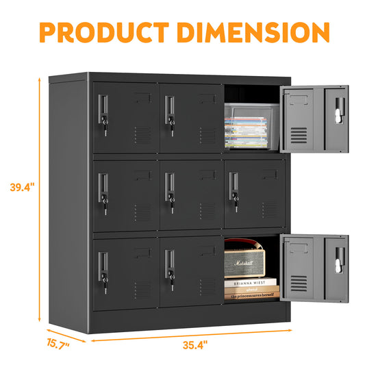 9 Door Employee Storage Locker With Card Slot, Lockers For Office, Gym, School, And Home - Black