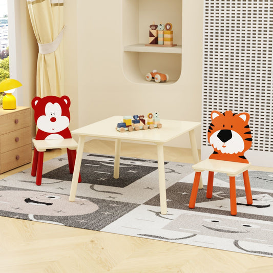 Table And 2 Chairs Set, Activity Play Table Set With Bear & Tiger Design - Natural