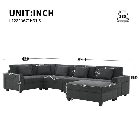 U Shaped Sectional Sofa 6 Seat Couch Set With Oversized Ottoman, Hidden Armrest Storage And Cup Holders USB Charging Ports Wide Seat Sofa