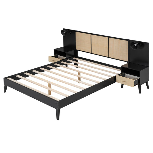 Bed Frame With 2 Nightstands Elegant Design With Lamps