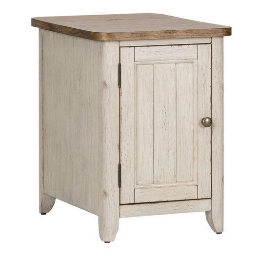 Farmhouse Reimagined - Door Chair Side Table With Charging Station - Antique White / Chestnut Tops