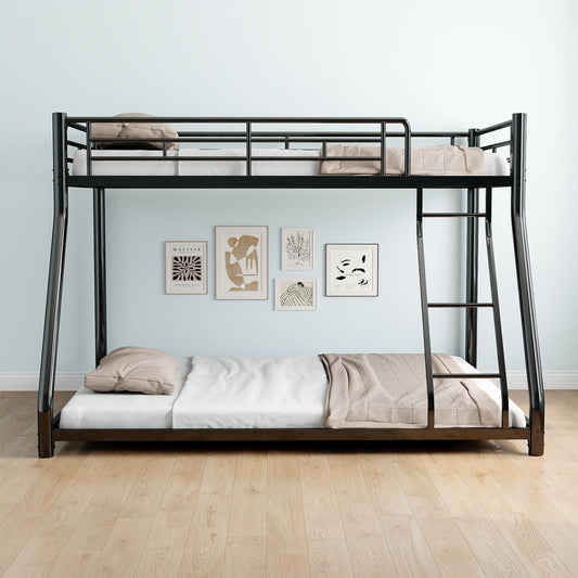 Twin Over Full Metal Bunk Bed Frame With Ladder And Guardrail, Heavy Duty Noise Free Design Metal Construction - Black