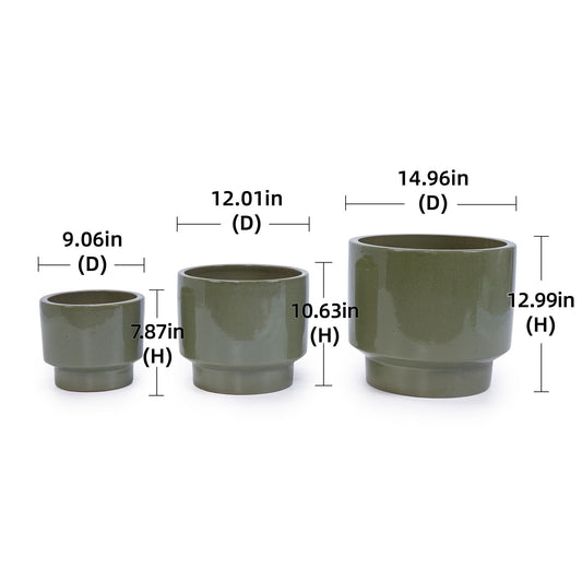 3 Pieces Ceramic Flowerpot, Planter For Patio, Garden Or Windowsills - Antique Light Green