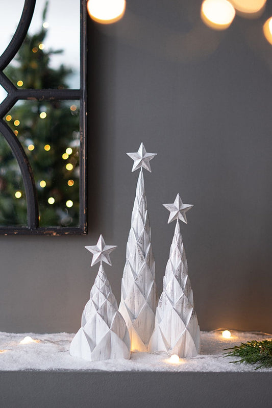 Resin / Foil Christmas Tree With Star Top (Set of 3) - White / Silver