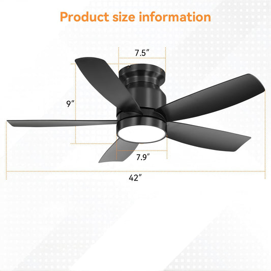Flush Mount Ceiling Fan With LED Light 22W And Remote Control Blades For Indoor Use - Black