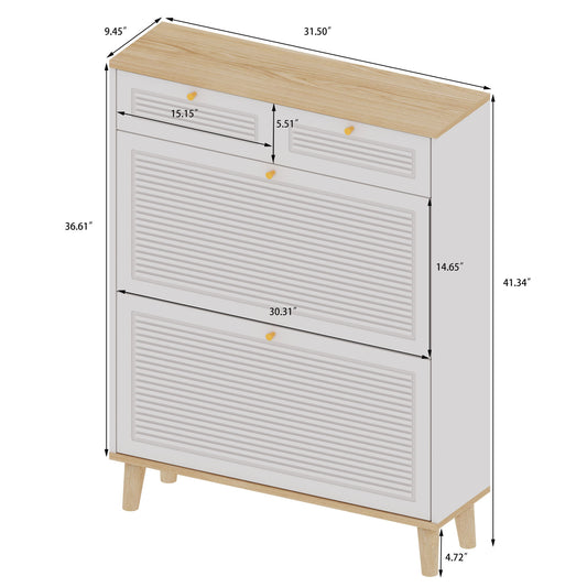 Modern Freestanding Shoe Cabinet With Flip Up Doors And Drawers, Compact Design For Entryway - White Natural
