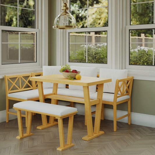 Farmhouse Solid Wood Dining Nook Set For 6, Space Saving High Top Corner Table With Bench & Chairs - Natural / White