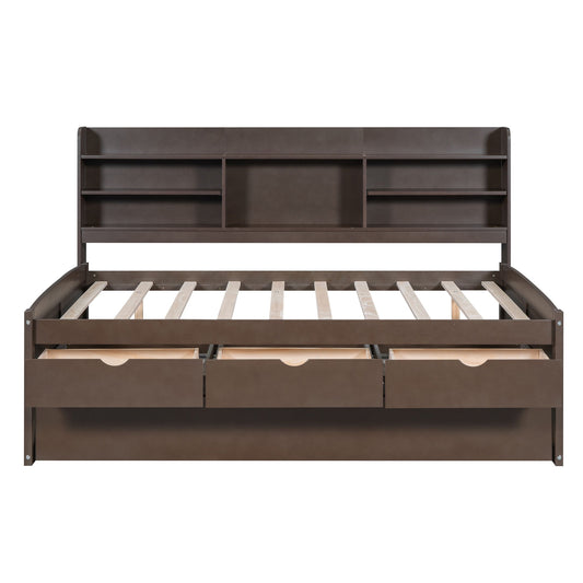 Captain Bed With Built In Bookshelves, 3 Storage Drawers, And Trundle