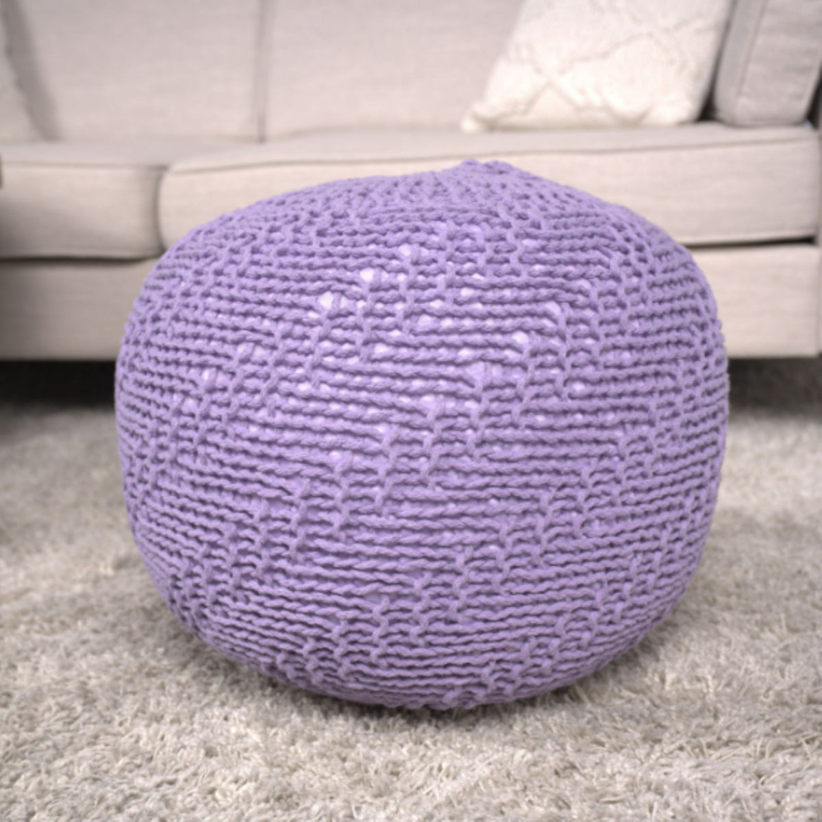 Bordeaux - Knitted Cotton Round Pouf Ottoman - Lavender