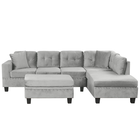 Modern Sectional Sofa With Storage Ottoman, L - Shape Couch With 2 Pillows And Cup Holders