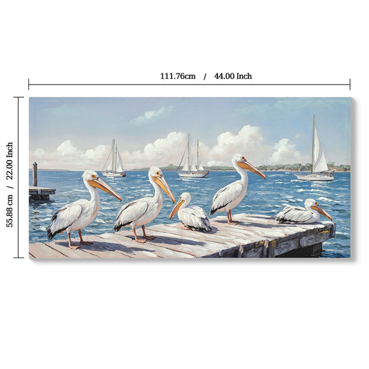 Beach Wall Art Large Ocean Seagull Canvas Pictures For Living Room - Ivory / Navy