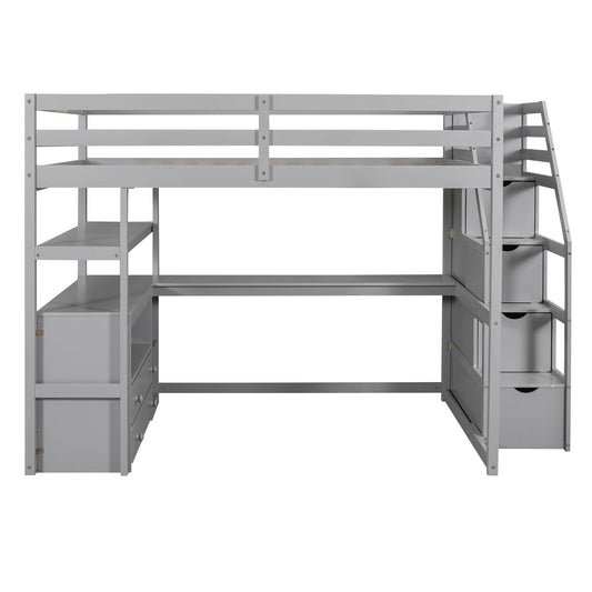 Loft Bed With Desk, Shelves, 2 Drawers, Storage Staircase