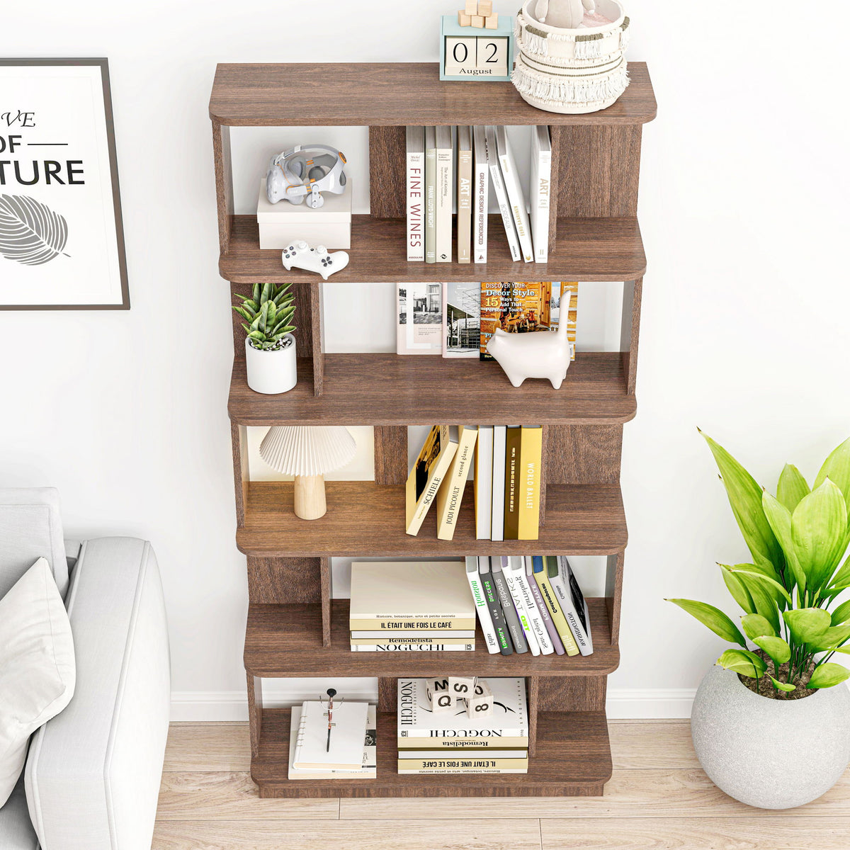 5 Tier Open Bookshelf, Free Combination Storage Shelving For Living Room - Dark Brown