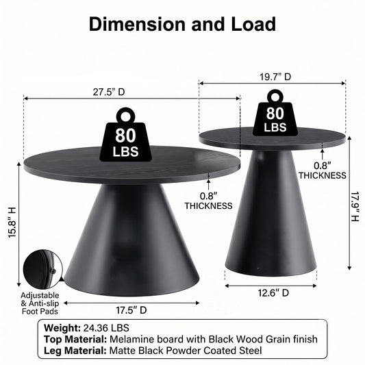 Nesting Coffee Table, Adjustable Foot Pads For Living Room (Set of 2) - Black