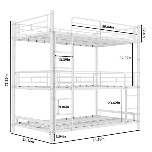Triple Twin Bed With Built In Ladder And Full Length Railing, No Springs Required - White