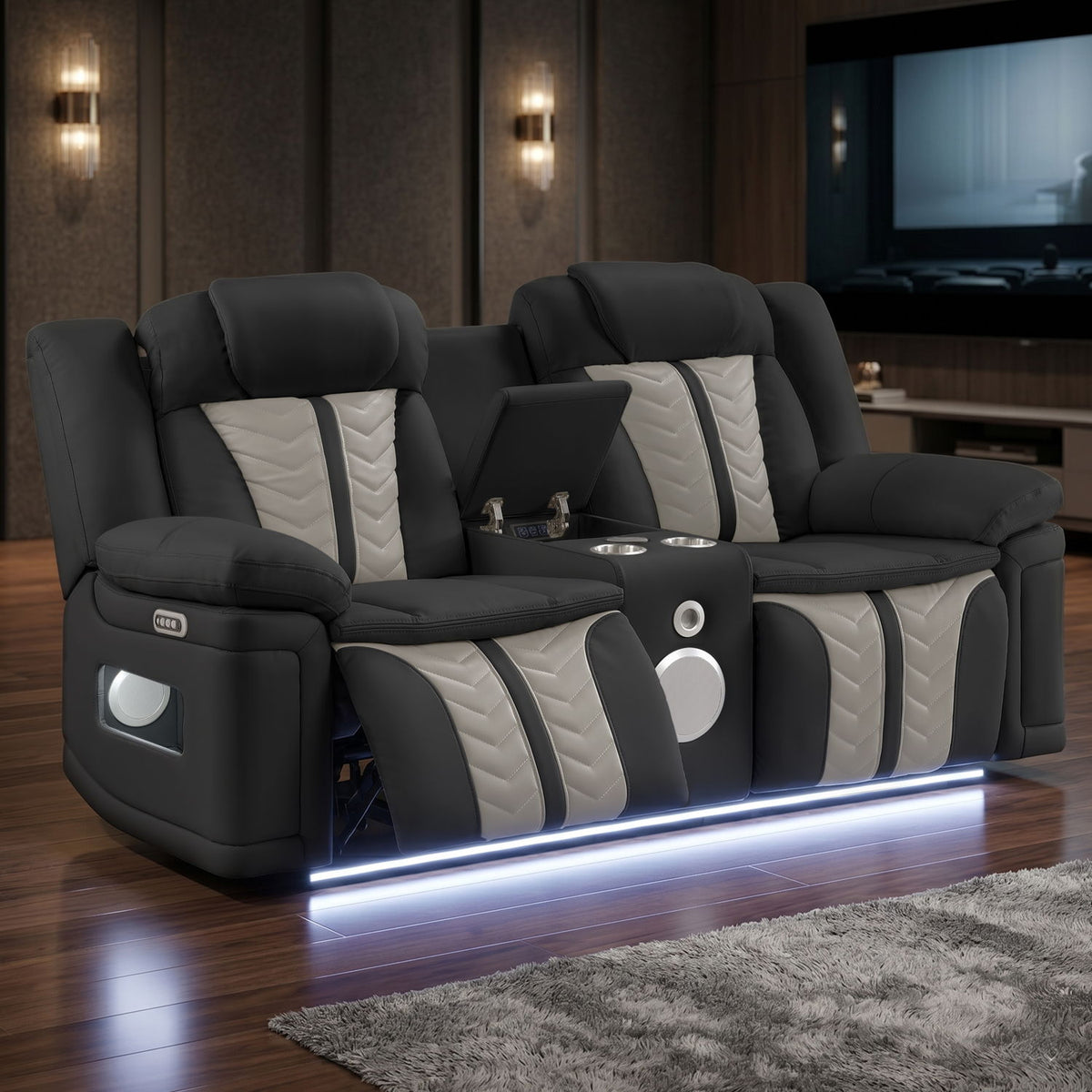 Cruiser - Power Reclining Loveseat With Console, Power Headrests, LED Lighting, Speaker & Massage - Black / Beige
