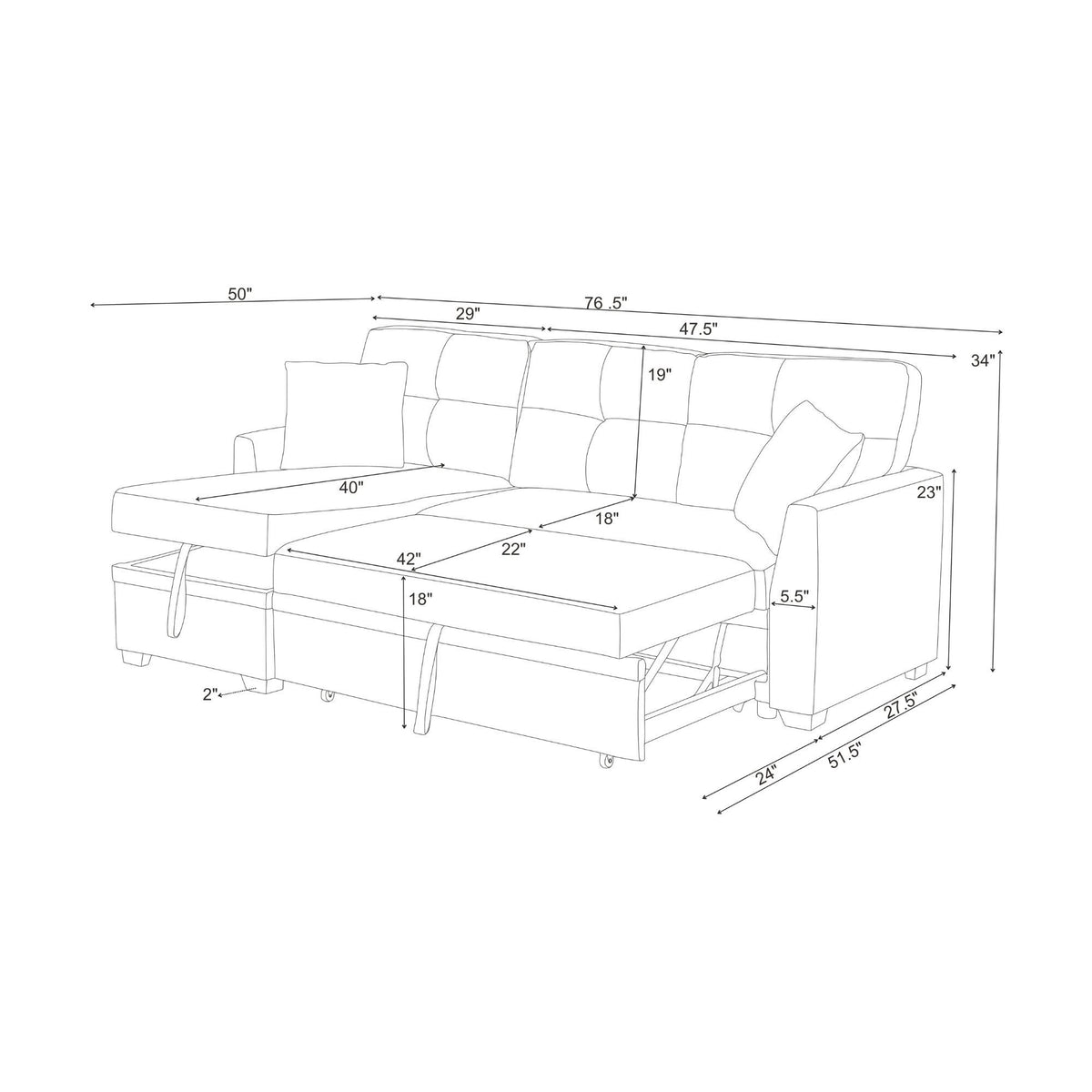 Upholstered Sectional & Pull Out Bed And Chaise Storage - Beige