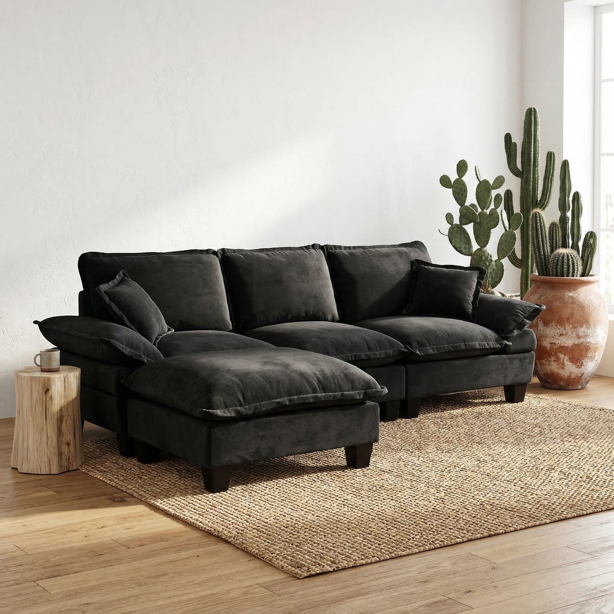 L-Shape Cloud Sofa With 1 Movable Ottoman & 2 Pillows, Ideal For Living Room - Black