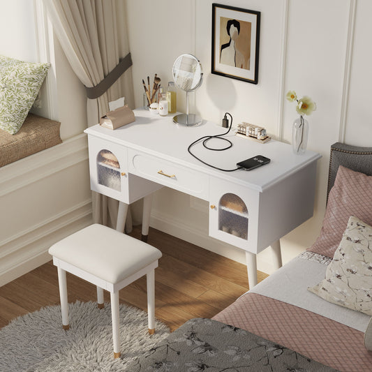 Elegant Vanity Makeup Table & Chair Set Modern Dressing Table With Organizer Writing Desk Charging Port Engineered Wood - White