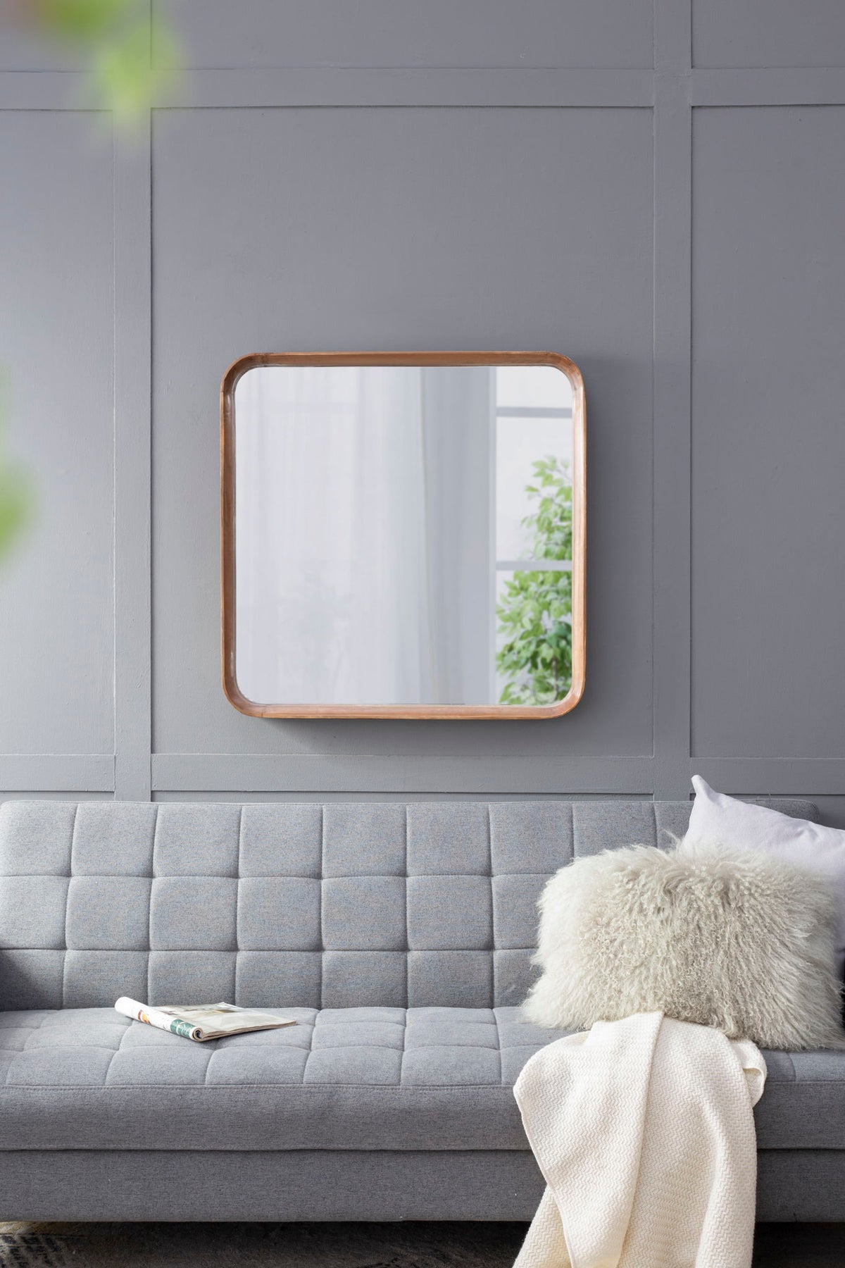Square Mirror With Wood Frame, Wall Mirror For Living Room Bathroom Entryway - Brown