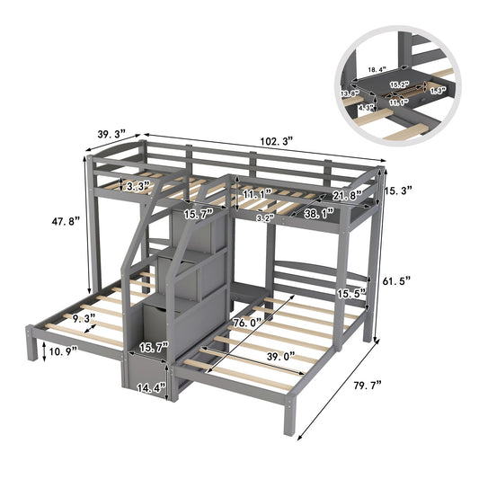 Twin Over Twin & Twin Bunk Bed With Built In Staircase And Storage Drawer - Gray