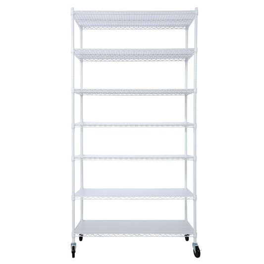 7 Tier Metal Shelf Wire Shelving Unit, 2450Lbs Heavy Duty Adjustable Storage Rack With Wheels & Shelf Liners For Closet Kitchen Garage Basement Commercial Shelving
