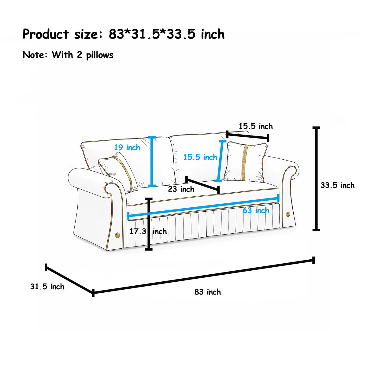 Sofa With Rolled Arms, 3 Seater Couch, Living Room Accent - Cream White