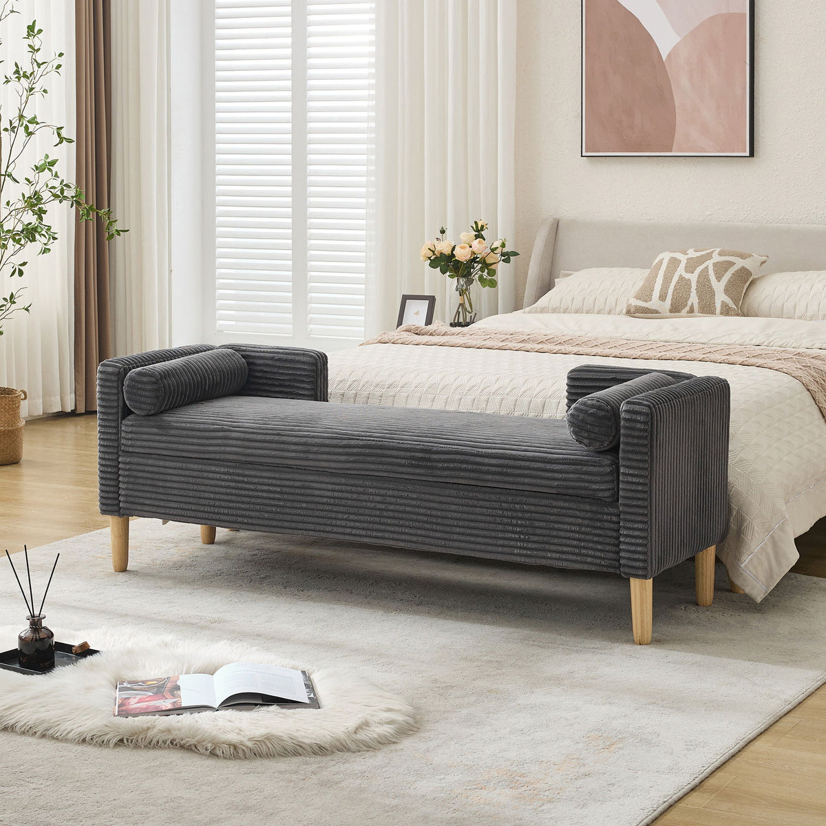 Upholstered Flip Top Storage Bench, Armrests & Backrest For Bedroom - Charcoal