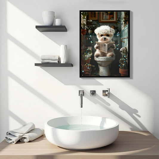 Framed Bathroom Decor, Cute Puppy Wall Art In Picture Frame, 3D Canvas Print - Indigo / White