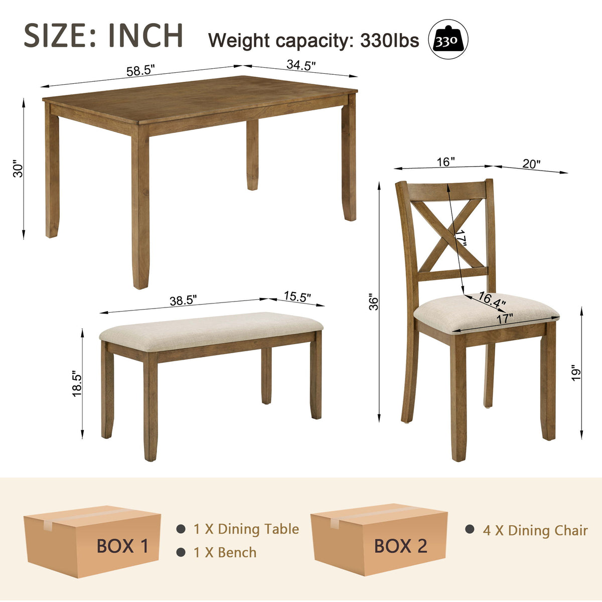 6 Piece Dining Table Set, Large Rectangular Table With Upholstered Bench & 4 X - Back Chairs, Kitchen Furniture - Oak