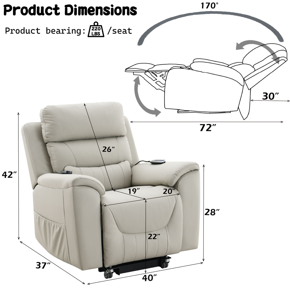 Marsha - Silicone Synthetic Leather Power Motion Recliner With Lift Heating Massage Chair - Light Gray