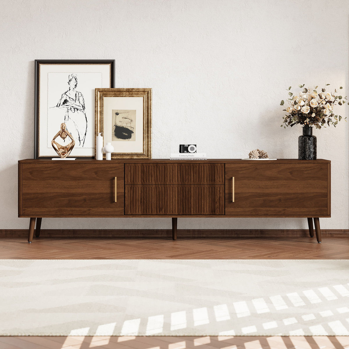 TV Stand With 2 Drawers, Media Console Table - Walnut