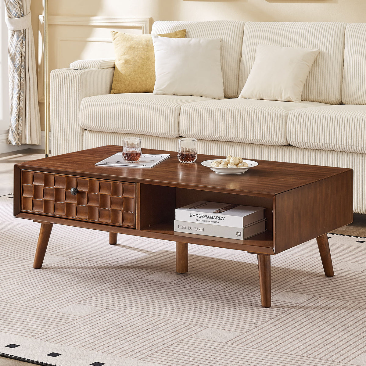 Coffee Table With Hidden Drawer And Open Shelf - Walnut Brown