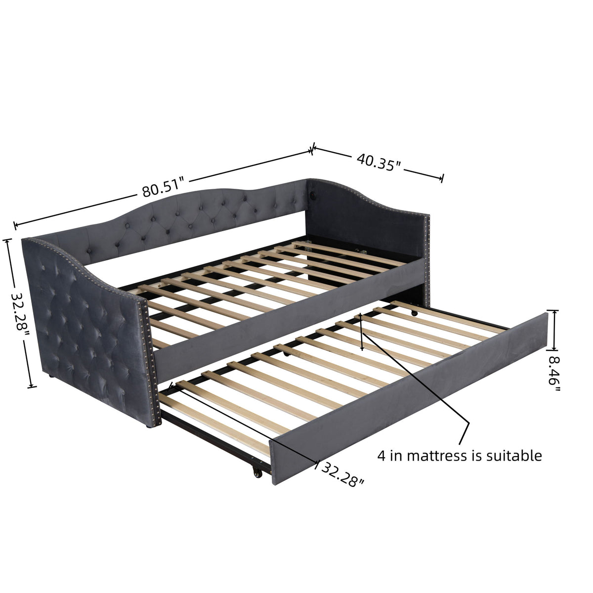 Twin Size Upholstered Daybed With Trundle And USB Charging Design For Bedroom - Gray