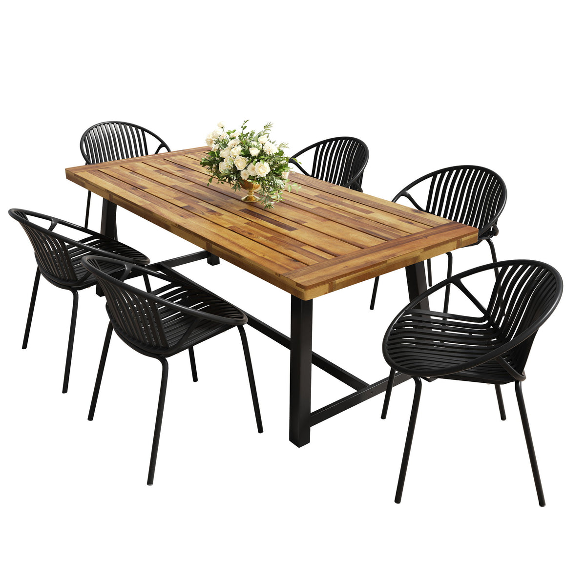 7 Piece Outdoor Modern Dining Set With Stackable Chairs