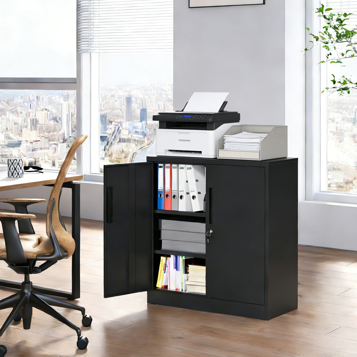 Heavy Duty Storage Cabinet With Lock, 2 Door File Cabinet With 2 Adjustable Shelves - Black