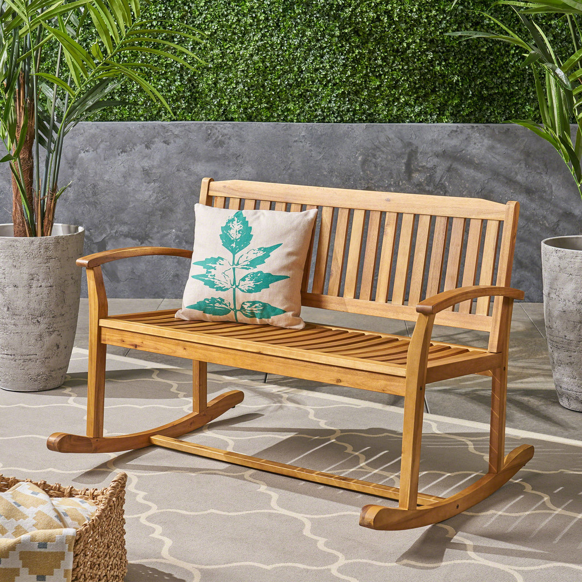 Outdoor Rocking Loveseat With Acacia Wood Frame - Natural