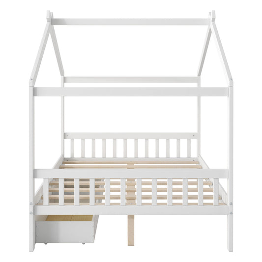 House Style Platform Bed With Headboard, Footboard, 2 Drawers, And Roof Design