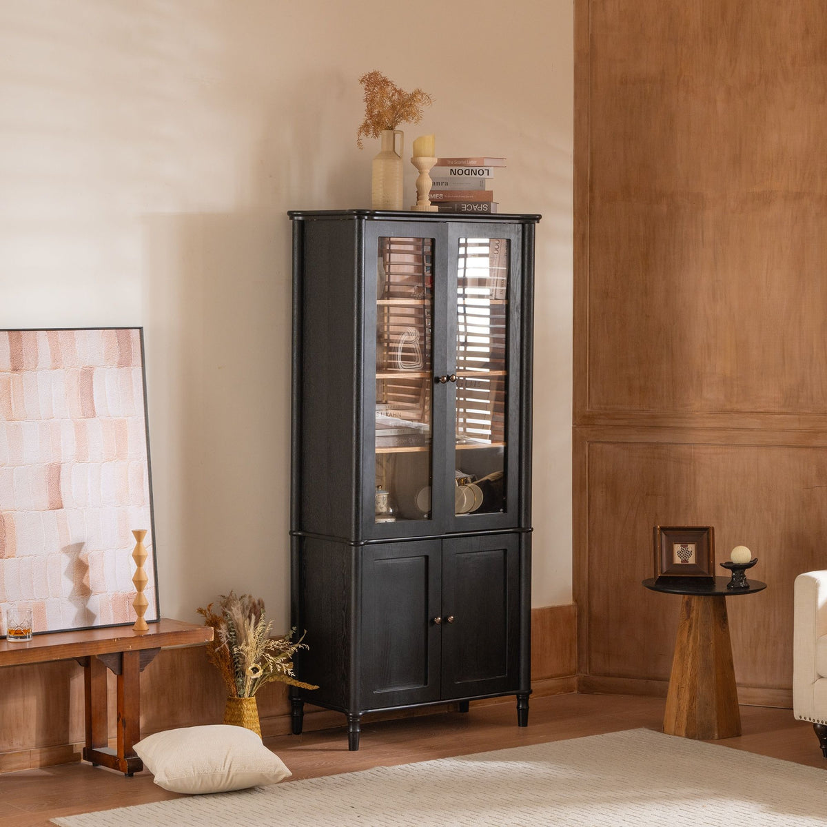 Vintage Display Cabinet With Double Glass Doors, Traditional Style For Collectibles, Ash Wood Veneer, 73.25" Tall - Black / Natural