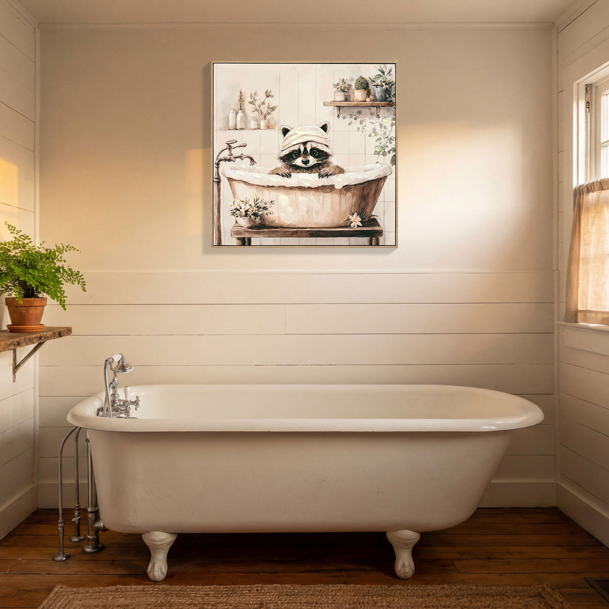 Raccoon Bathroom Canvas Wall Art, Funny Animal, Framed - Black / Ivory