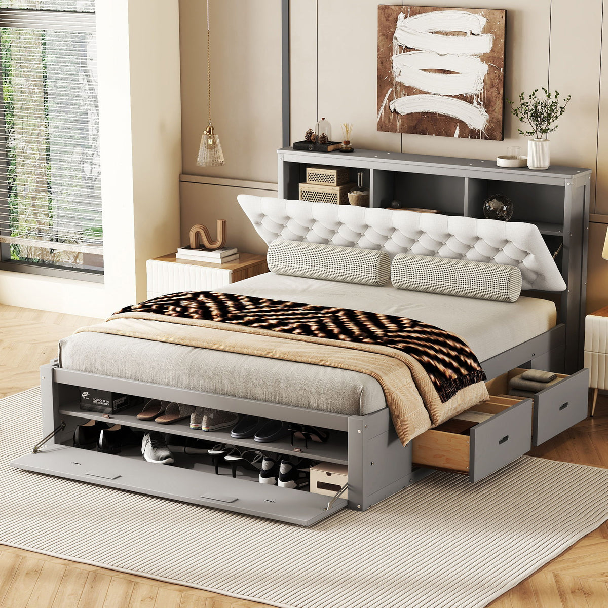Platform Bed With Storage Headboard, Shoe Rack And 4 Drawers