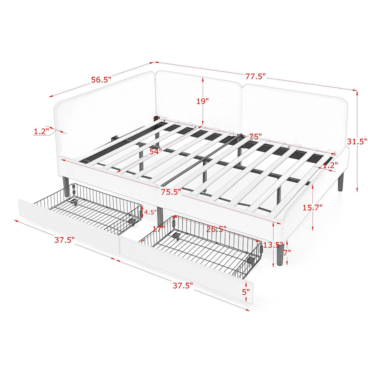 Upholstered Platform Bed Frame With 2 Storage Drawers And Adjustable Sofa Bed