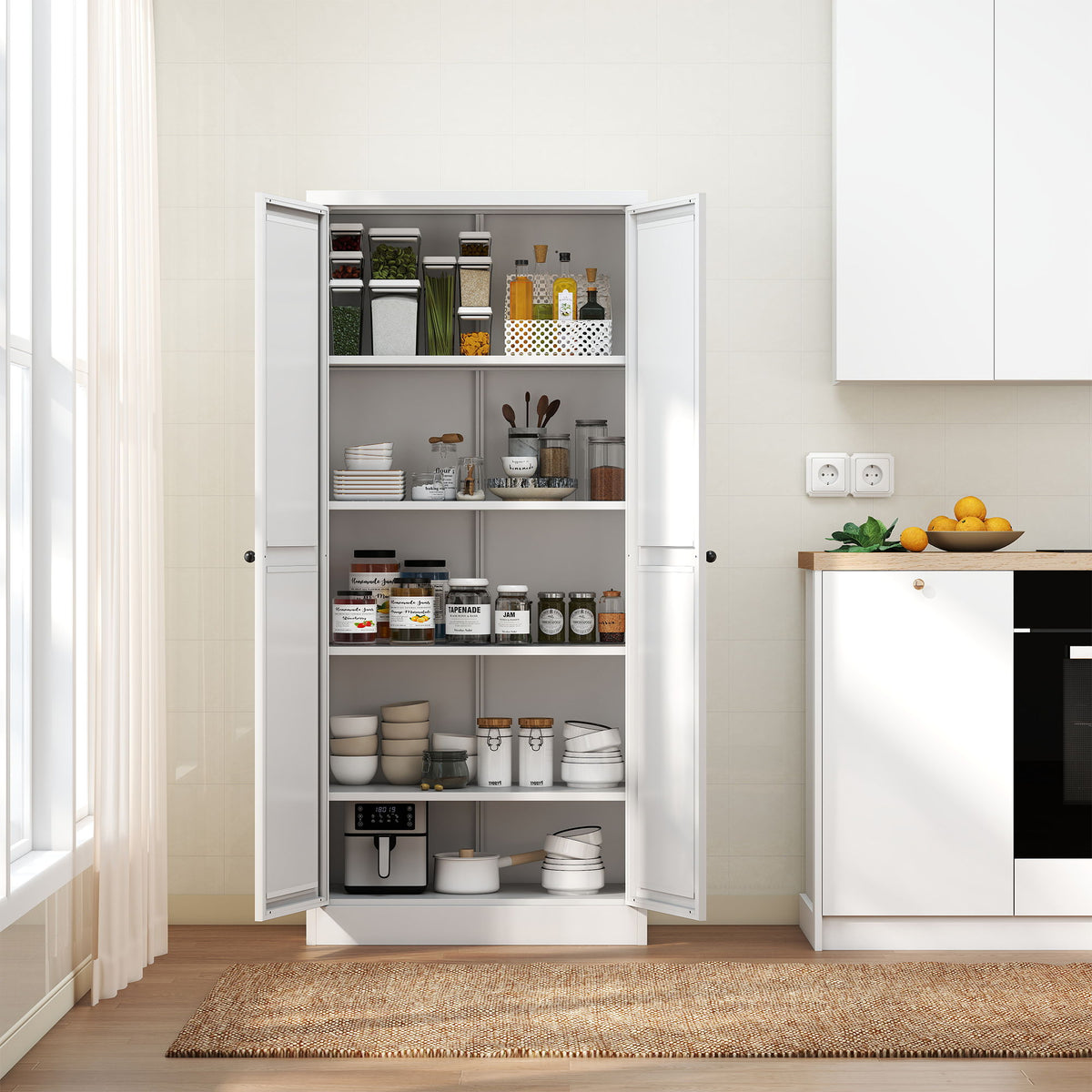Kitchen Pantry Cabinet Adjustable Storage With 4 Shelves, Heavy Duty Freestanding Pantry Organizer - White