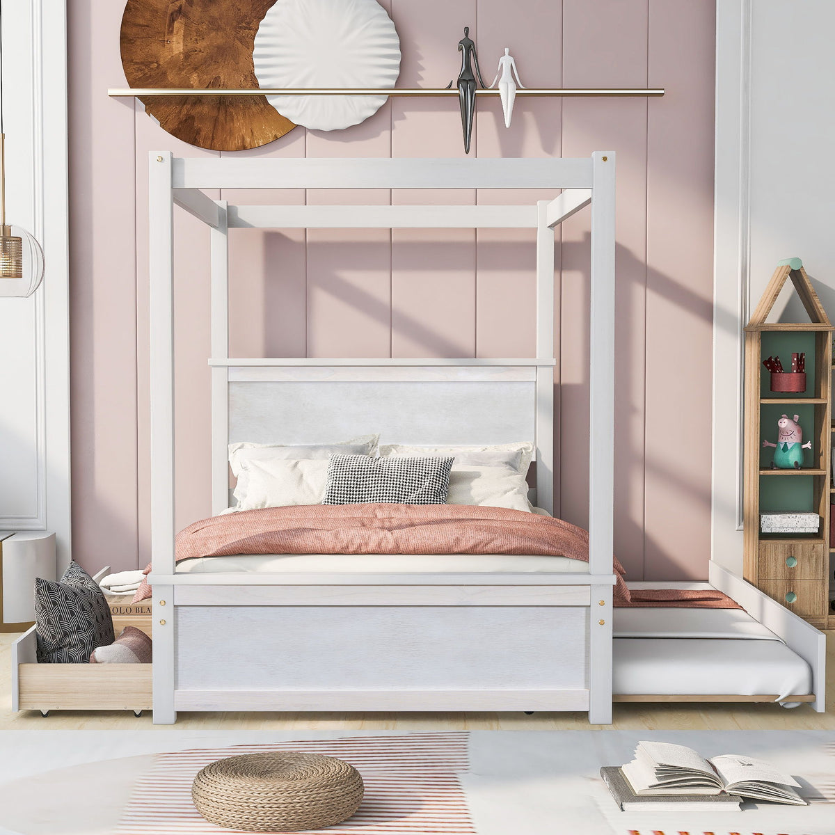 Canopy Platform Bed With Drawers, Support Slats, No Box Spring Needed