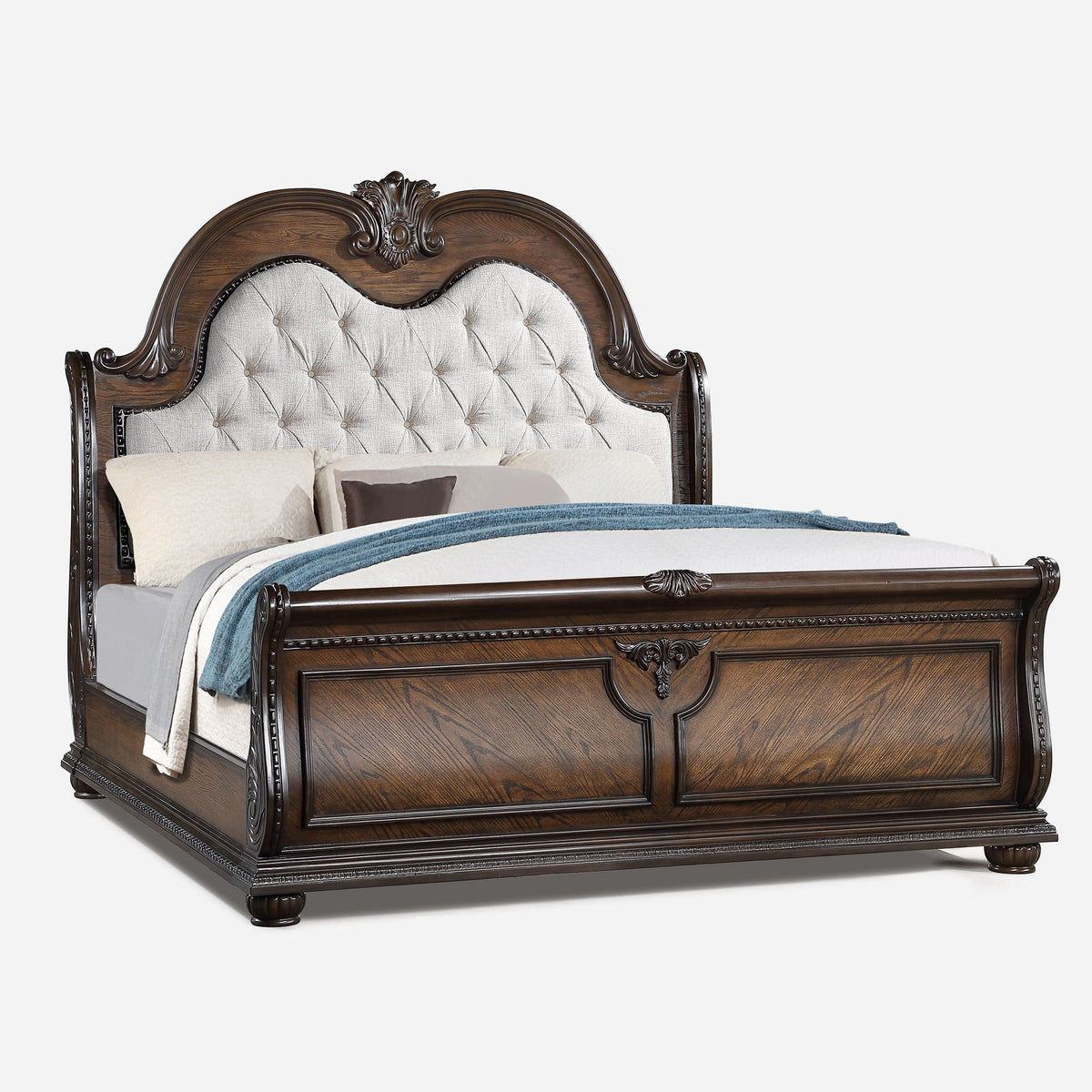 Traditional Style Button Tufted Headboard Sleigh Bed