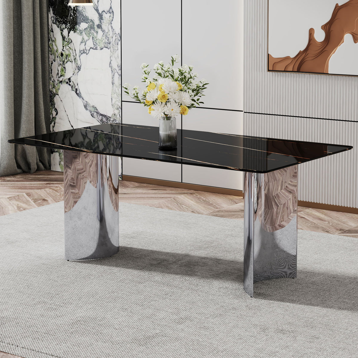 Modern Minimalist Dining Table With Imitation Marble Glass Desktop And Metal Legs