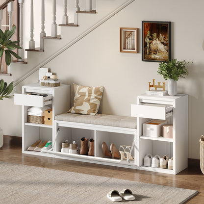 Entryway Storage Bench With Cushion, Drawers & Open Shelves