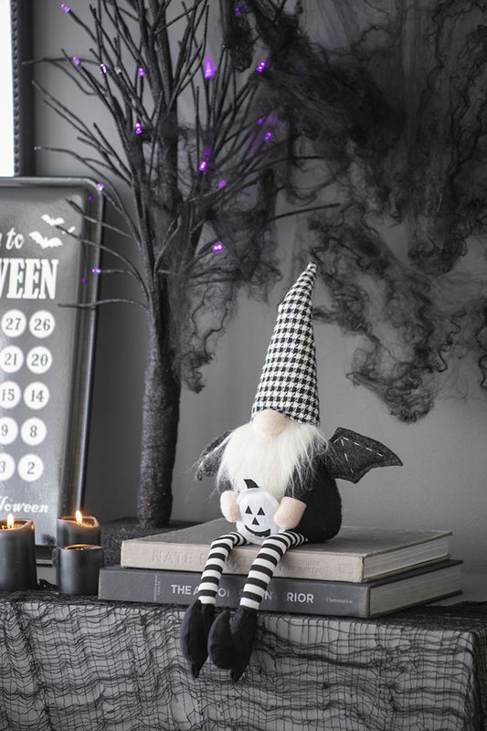 Sitting Gnome With Wings & Plaid Hat, For Halloween Decor