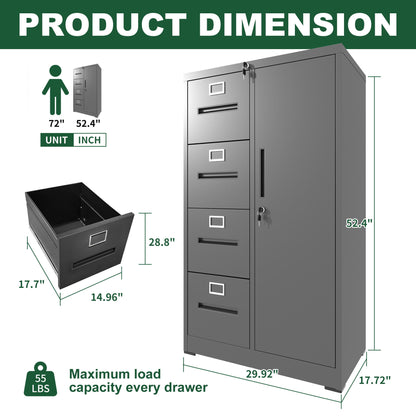 Metal Storage Vertical Filing Cabinet With Lock, 4 Drawers, 1 Door, Steel Construction, School / Office Use